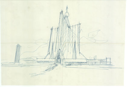 1 : Croquis d'étude de l'extérieur. 30 x 43,1 cm .Encre sur calque
