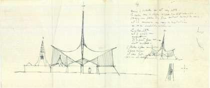 1 : Croquis d'études de l'élévation avec annotations. 30 x 70 cm. Feutre noir sur calque.
