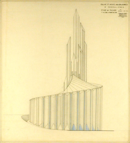 1 : Étude de la façade (éch.1:100e). 75 x 66,8 cm .Mine de plomb et crayon bleu sur calque