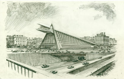 1 : Perspective d'ensemble depuis le pont Garigliano. 56,5 x 89,3 cm .Encre sur calque