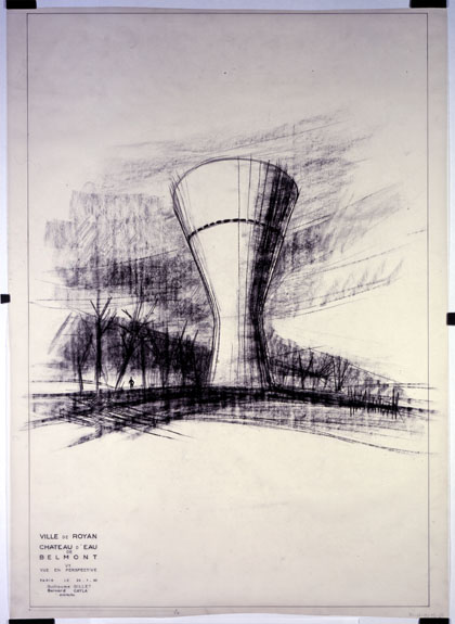 6 : Perspective de la solution V1 (projet réalisé). 20 janvier 1960. 95,3 x 68,5 cm. Fusain sur calque