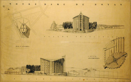 1 : Plan, coupe axonométrique et élévations. Mars 1954. 92,9 x 146,3 cm. Encre sur calque