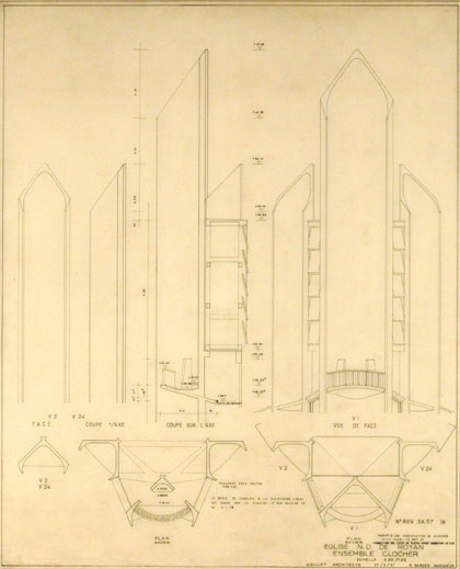 6 : Plans, coupes et élévations du clocher (éch. 1:50e). 27 mai 1957. 80 x 65,2 cm. Encre sur calque