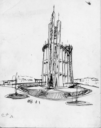 7 : Vue d'une perspective. Cliché anonyme. 1954. 27,3 x 20,9cm. Tirage NB sur carton